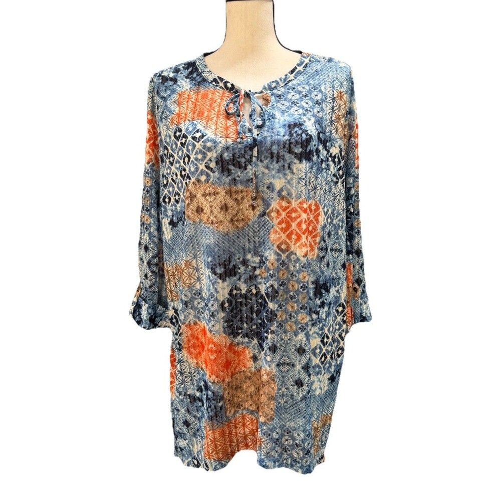 Catherines Blue Orange Geometric Tie V-Neck Tunic Blouse Women Plus 1X Knit